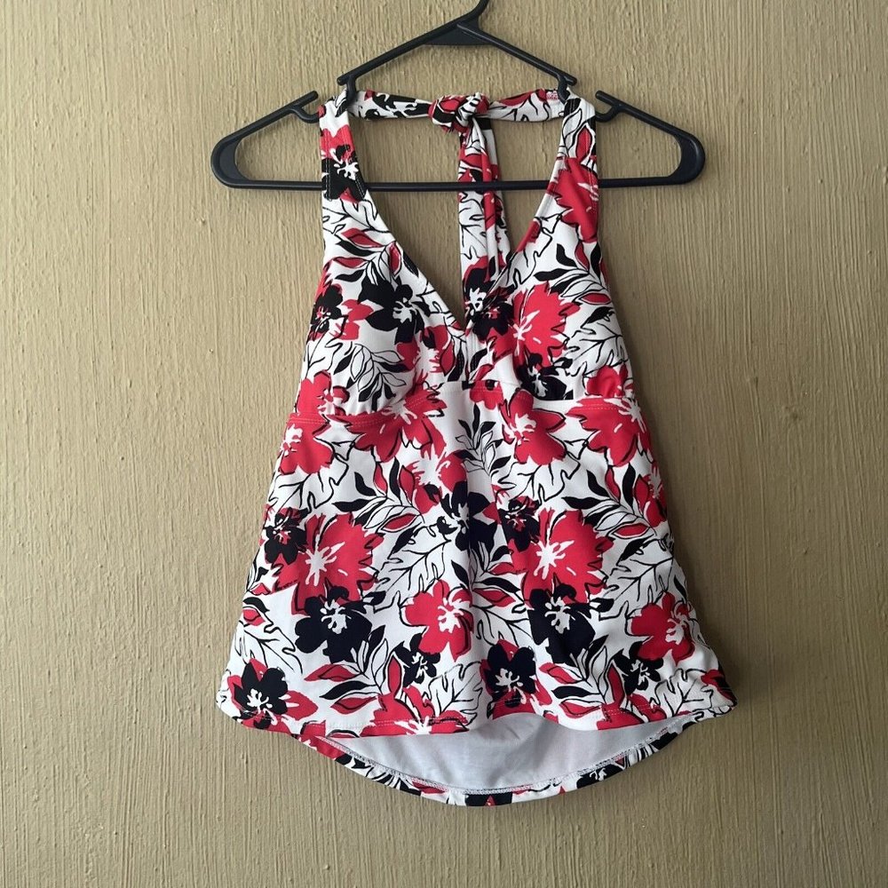 Medium Women Halter Tankini Swim Top V-neck Padded Red Black